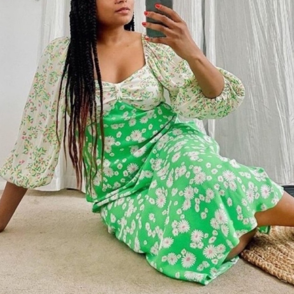 RIXO Daisy Long Puff Sleeve Swing Women’s Green Floral Maxi Dress Plus Size 16 - Picture 8 of 15